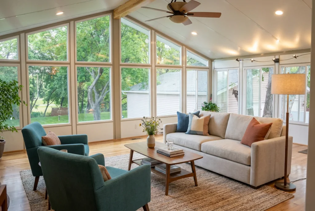 Insulated sunroom at a Manitoba lake cottage in fall.