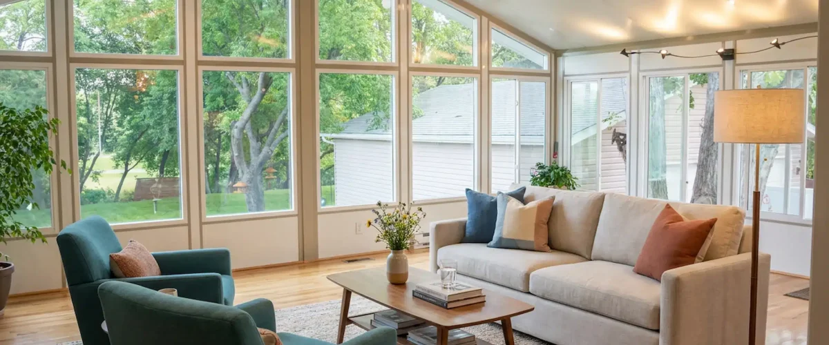 Insulated sunroom at a Manitoba lake cottage in fall.