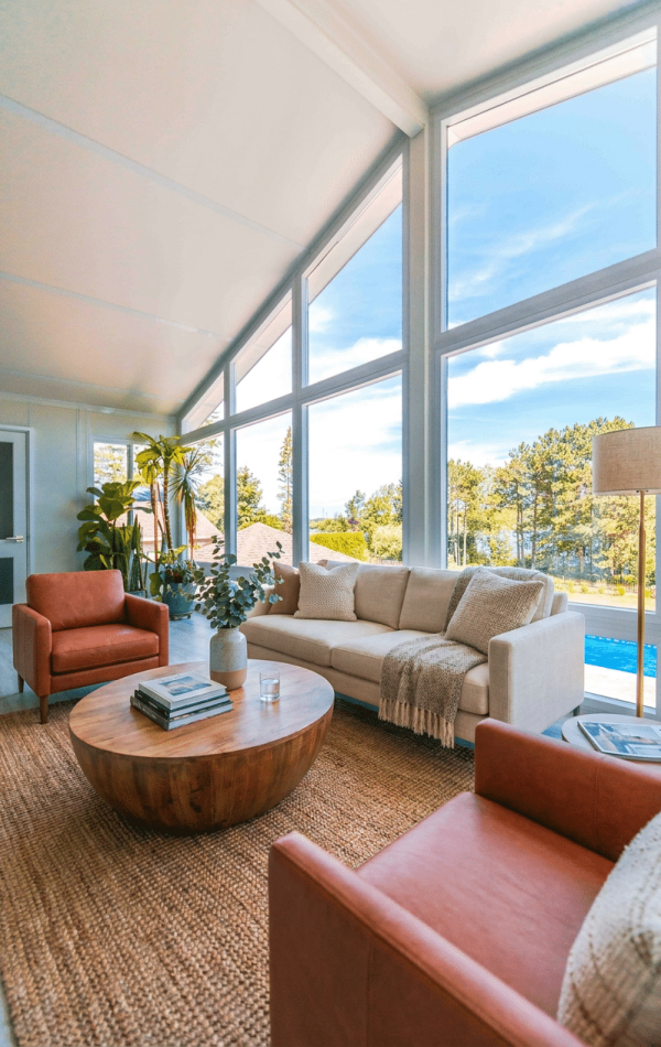 Insulated sunroom at a Manitoba lake cottage in fall.
